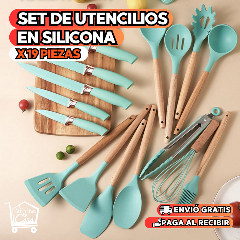 SET DE UTENSILIOS DE COCINA EN SILICONA X 19 PIEZAS.