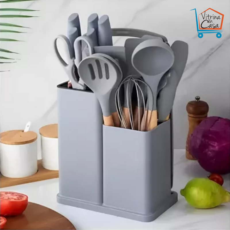 SET DE UTENSILIOS DE COCINA EN SILICONA X 19 PIEZAS.